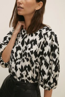 Sale Oasis Printed 3/4 Puff Sleeve Woven Shell Top Pink