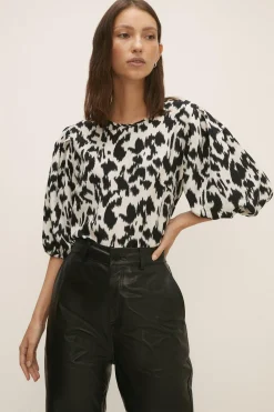 Sale Oasis Printed 3/4 Puff Sleeve Woven Shell Top Pink