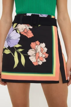 Hot Oasis Printed Belted Split Detail Mini Skirt Multi