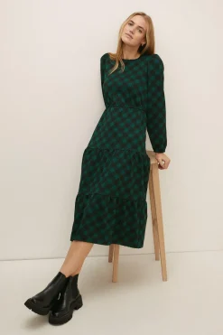Outlet Oasis Printed Check Textured Tiered Midi Dress Neutral