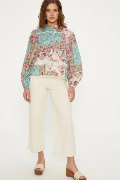 Sale Oasis Printed Cotton Dobby Trim Detail Blouse Multi