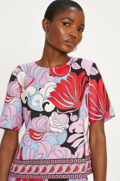 Sale Oasis Printed Crepe Boxy T-Shirt Multi