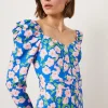 Sale Oasis Printed Floral Puff Sleeve Midi Dress Blue