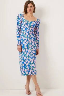 Sale Oasis Printed Floral Puff Sleeve Midi Dress Blue