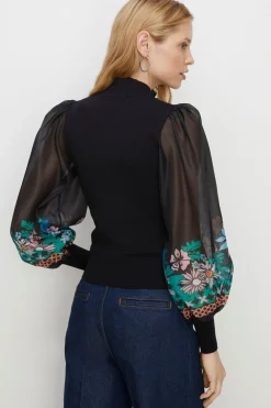 Online Oasis Printed Organza Woven Mix Jumper Black