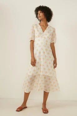 New Oasis Printed Puff Sleeve Midi Dress Multi