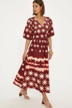 Online Oasis Printed Puff Sleeve Wrap Midi Dress Oxblood