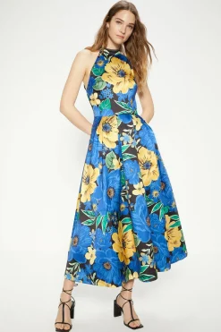 New Oasis Printed Satin Twill Lace Back Midi Dress Multi