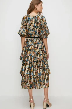 Discount Oasis Printed Tie Front Metallic Tiered Dress Black