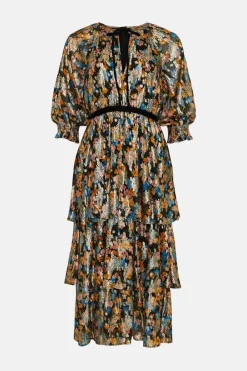 Discount Oasis Printed Tie Front Metallic Tiered Dress Black
