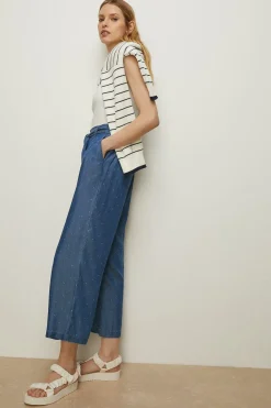 Sale Oasis Printed Wide Leg Trouser Mid Blue