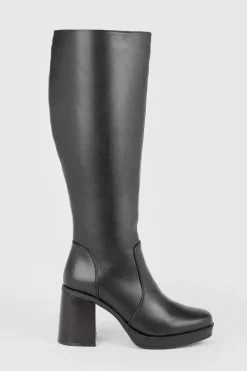 Best Oasis Pu Knee High Chunky Heeled Boot Black