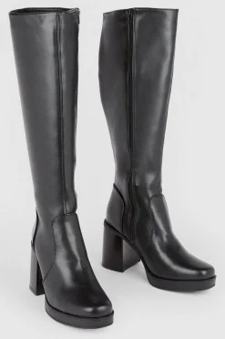 Best Oasis Pu Knee High Chunky Heeled Boot Black