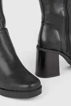 Best Oasis Pu Knee High Chunky Heeled Boot Black