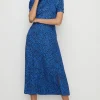 Best Oasis Puff Sleeve Animal Split Front Midi Dress Cobalt