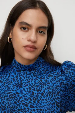 Best Oasis Puff Sleeve Animal Split Front Midi Dress Cobalt