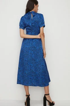 Best Oasis Puff Sleeve Animal Split Front Midi Dress Cobalt