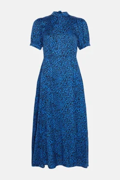 Best Oasis Puff Sleeve Animal Split Front Midi Dress Cobalt