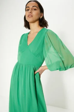 Best Oasis Puff Sleeve Chiffon Midi Dress Green