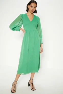 Best Oasis Puff Sleeve Chiffon Midi Dress Green