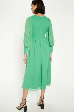Best Oasis Puff Sleeve Chiffon Midi Dress Green