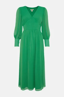Best Oasis Puff Sleeve Chiffon Midi Dress Green