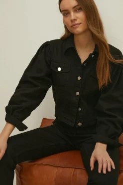 Hot Oasis Puff Sleeve Cropped Denim Jacket Black