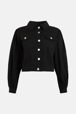 Hot Oasis Puff Sleeve Cropped Denim Jacket Black