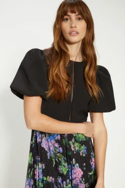 Fashion Oasis Puff Sleeve Floral 2 In 1 Pleated Midi Dress Black