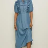 Best Oasis Puff Sleeve Frill Detail Tencel Dress Blue