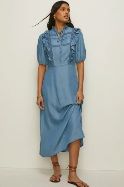 Best Oasis Puff Sleeve Frill Detail Tencel Dress Blue