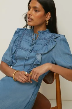 Best Oasis Puff Sleeve Frill Detail Tencel Dress Blue