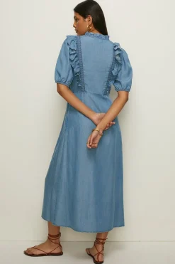 Best Oasis Puff Sleeve Frill Detail Tencel Dress Blue