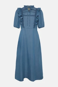Best Oasis Puff Sleeve Frill Detail Tencel Dress Blue
