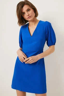 Online Oasis Puff Sleeve Linen Look Mini Dress Cobalt