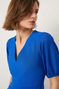 Online Oasis Puff Sleeve Linen Look Mini Dress Cobalt