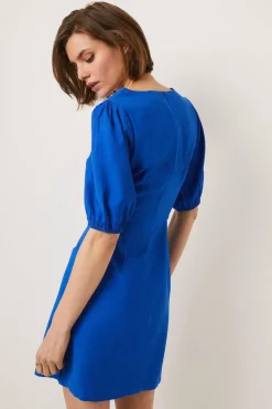 Online Oasis Puff Sleeve Linen Look Mini Dress Cobalt