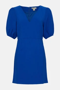Online Oasis Puff Sleeve Linen Look Mini Dress Cobalt