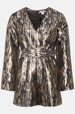 Sale Oasis Puff Sleeve Metallic Jacquard Playsuit Multi
