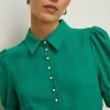 Hot Oasis Puff Sleeve Pearl Button Detail Midi Dress Ochre