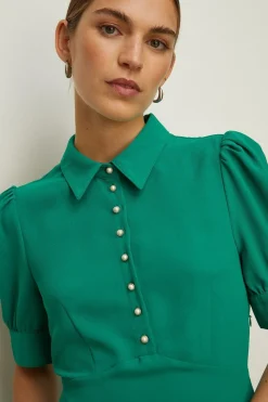 Hot Oasis Puff Sleeve Pearl Button Detail Midi Dress Ochre