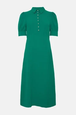 Hot Oasis Puff Sleeve Pearl Button Detail Midi Dress Ochre