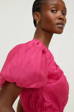 Sale Oasis Puff Sleeve Plunge Neck Organza Mini Dress Hot Pink