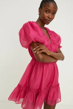 Sale Oasis Puff Sleeve Plunge Neck Organza Mini Dress Hot Pink
