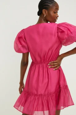 Sale Oasis Puff Sleeve Plunge Neck Organza Mini Dress Hot Pink