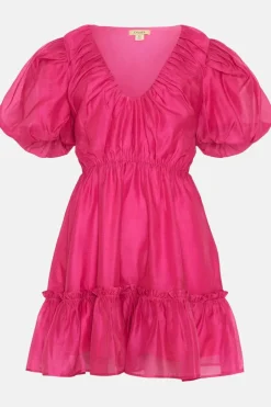 Sale Oasis Puff Sleeve Plunge Neck Organza Mini Dress Hot Pink