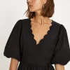 New Oasis Puff Sleeve Scallop Wrap Midi Dress Black