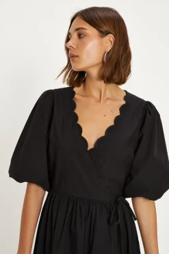 New Oasis Puff Sleeve Scallop Wrap Midi Dress Black