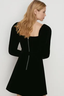 Hot Oasis Puff Sleeve Velvet Belted Skater Dress Black