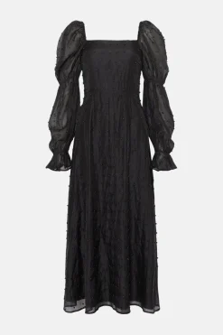 Discount Oasis Rachel Stevens Beaded Organza Puff Sleeve Midi Dress Black